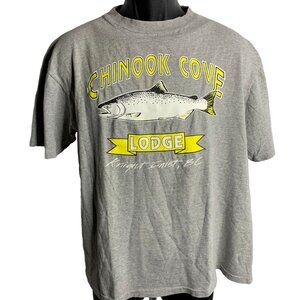 Vintage 90s Chinook Cove Crewneck T Shirt L Grey Single Stitch Short Sleeve Fish